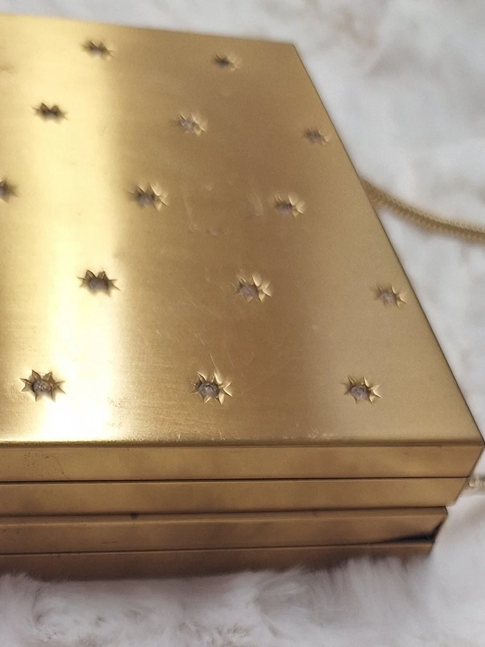 Gold Tone Starburst Rhinestone MCM Embellished Box Compact Clutch Mirror Handbag